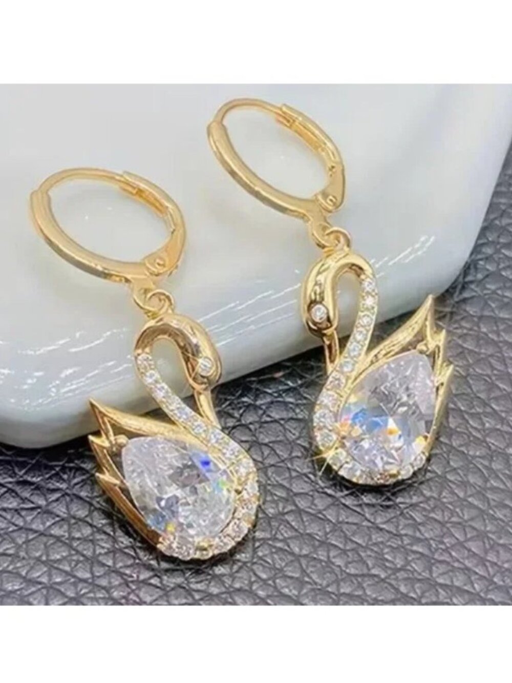 Earrings Swan Dangle Drop Bird Gold Rhinestones Crystal Glam Elegant Stylish Fun